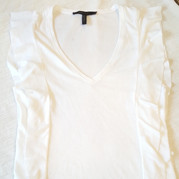 BCBG Off White Ribbed Blouse With Front & Back Ruffles - Picture 5 of 13